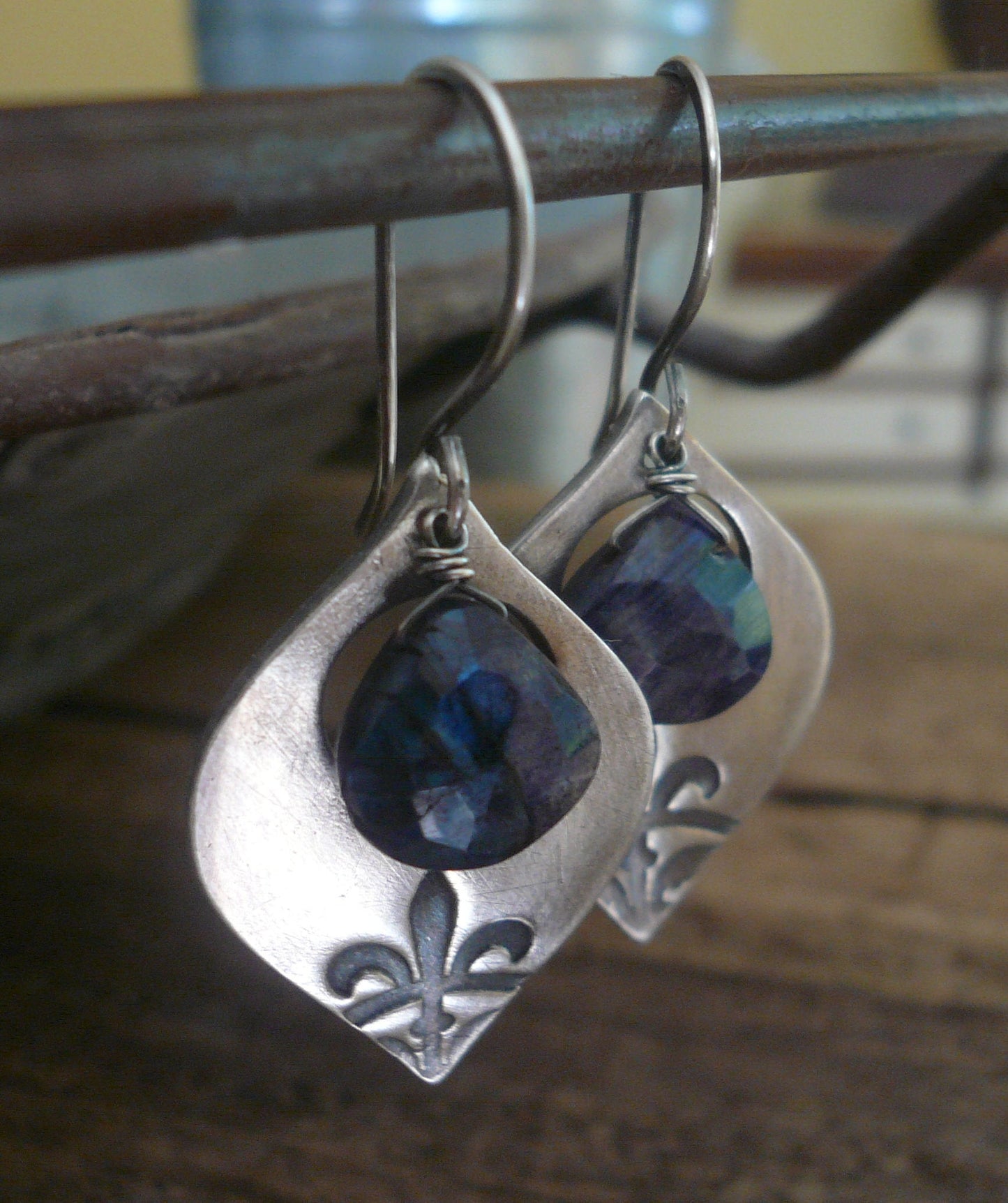 Creole Collection Drop Earrings- Spectrolite (Blue Labradorite). Oxidized Sterling and Fine Silver Dangle Earrings.