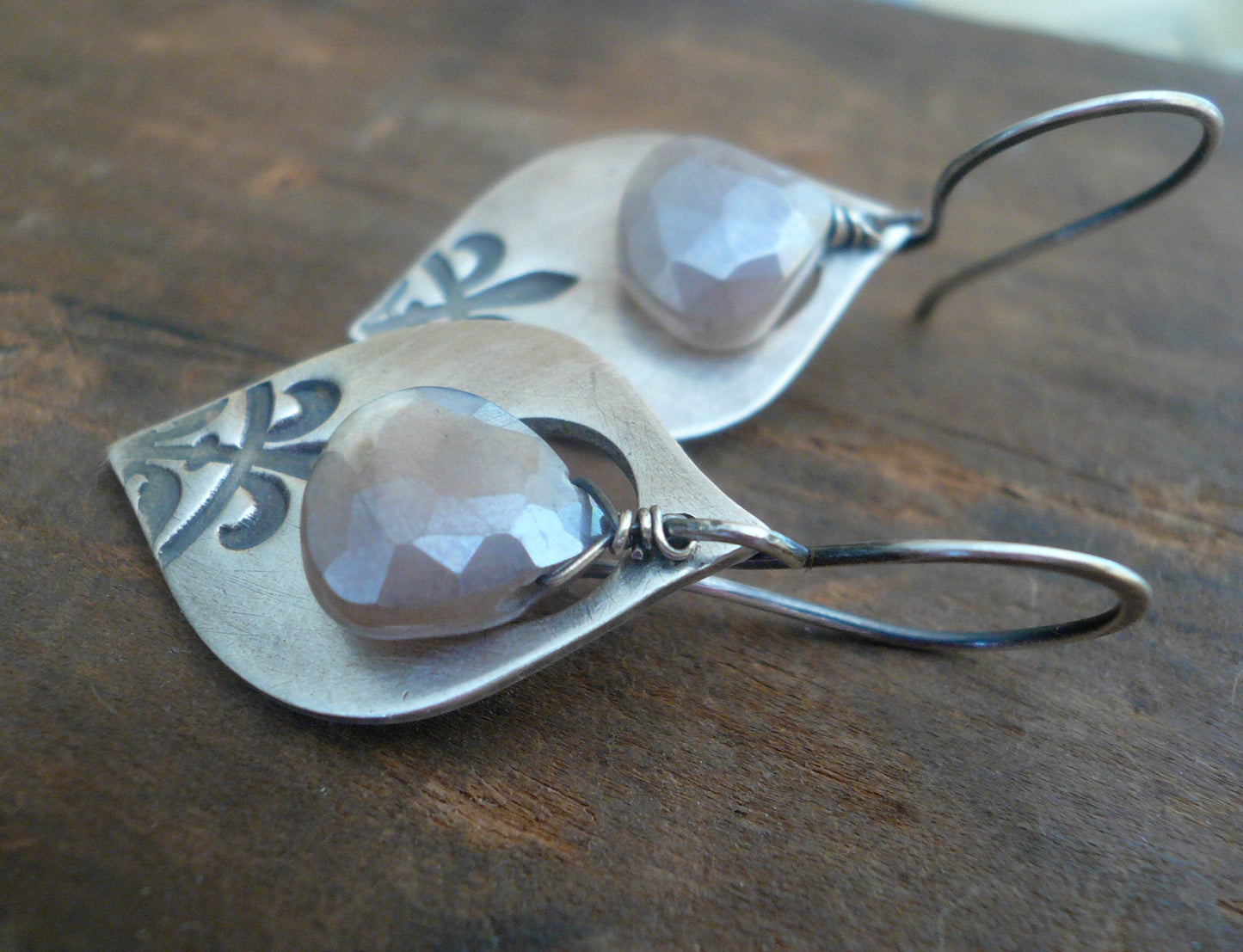 Creole Collection Drop Earrings- Champagne Moonstone. Oxidized Sterling and Fine Silver Dangle Earrings. Handmade.
