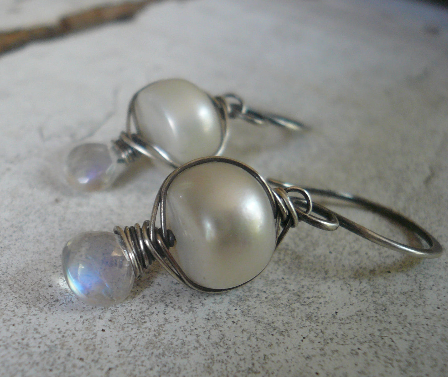 Scintilla - Oxidized sterling silver dangle Earrings. Wire Wrapped freshwater pearls and Moonstone. Handmade