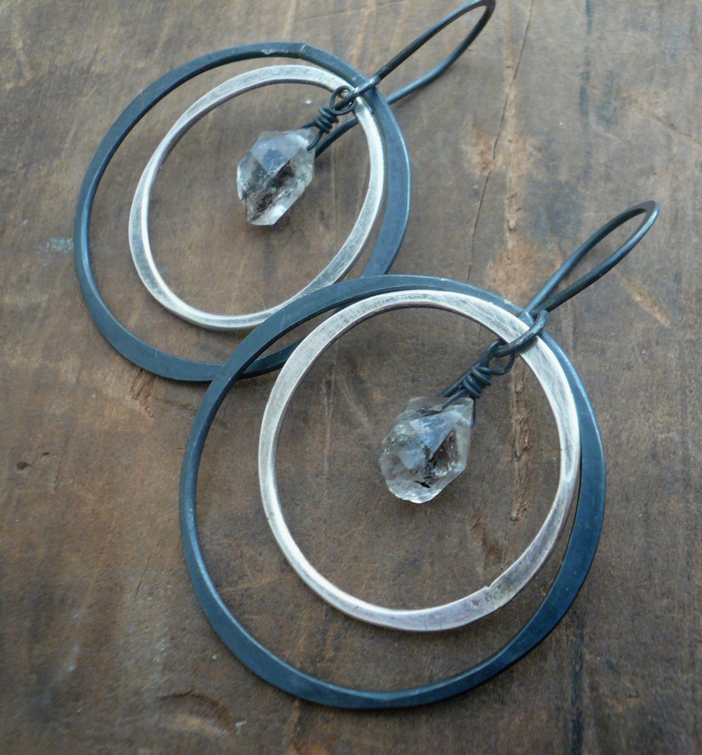 Outskirt Earrings - Handmade. Heavily Oxidized/ Black sterling silver Herkimer Diamond dangle earrings