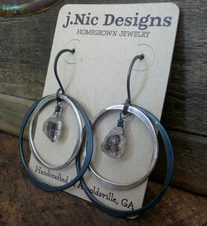 Outskirt Earrings - Handmade. Heavily Oxidized/ Black sterling silver Herkimer Diamond dangle earrings