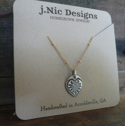 French Quarter Necklace -Leaf - Oxidized fine silver and 14kt Goldfill or sterling silver chain. Handmade