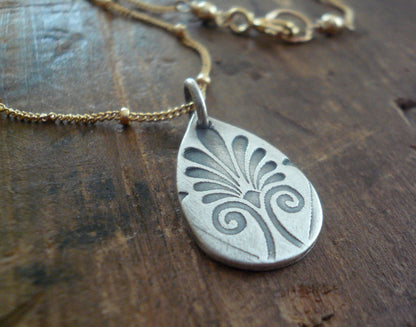 French Quarter Necklace -Tear- Oxidized fine silver and 14kt Goldfill or sterling silver chain. Handmade