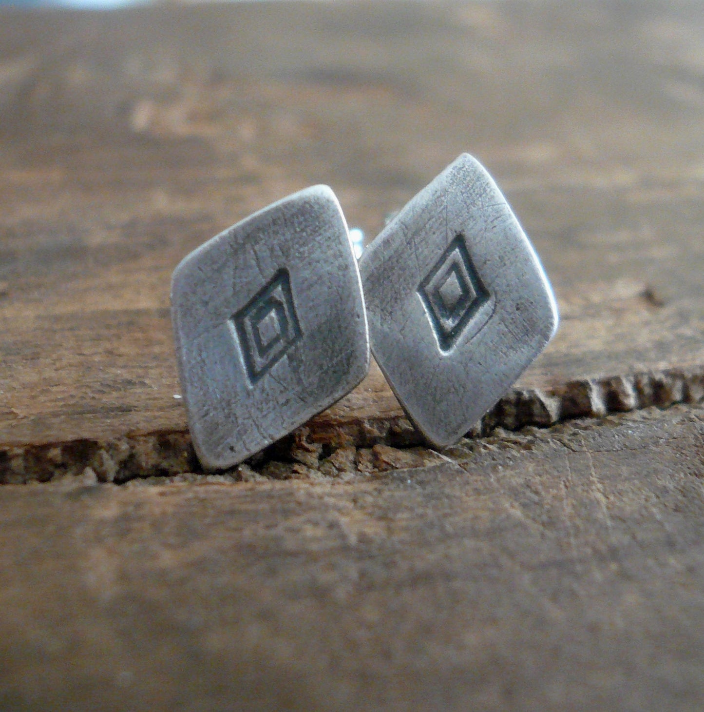 Diamond Stud Earrings- Oxidized Sterling and Fine Silver Post Earrings. Handmade.