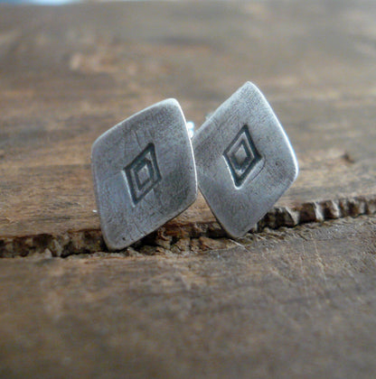 Diamond Stud Earrings- Oxidized Sterling and Fine Silver Post Earrings. Handmade.