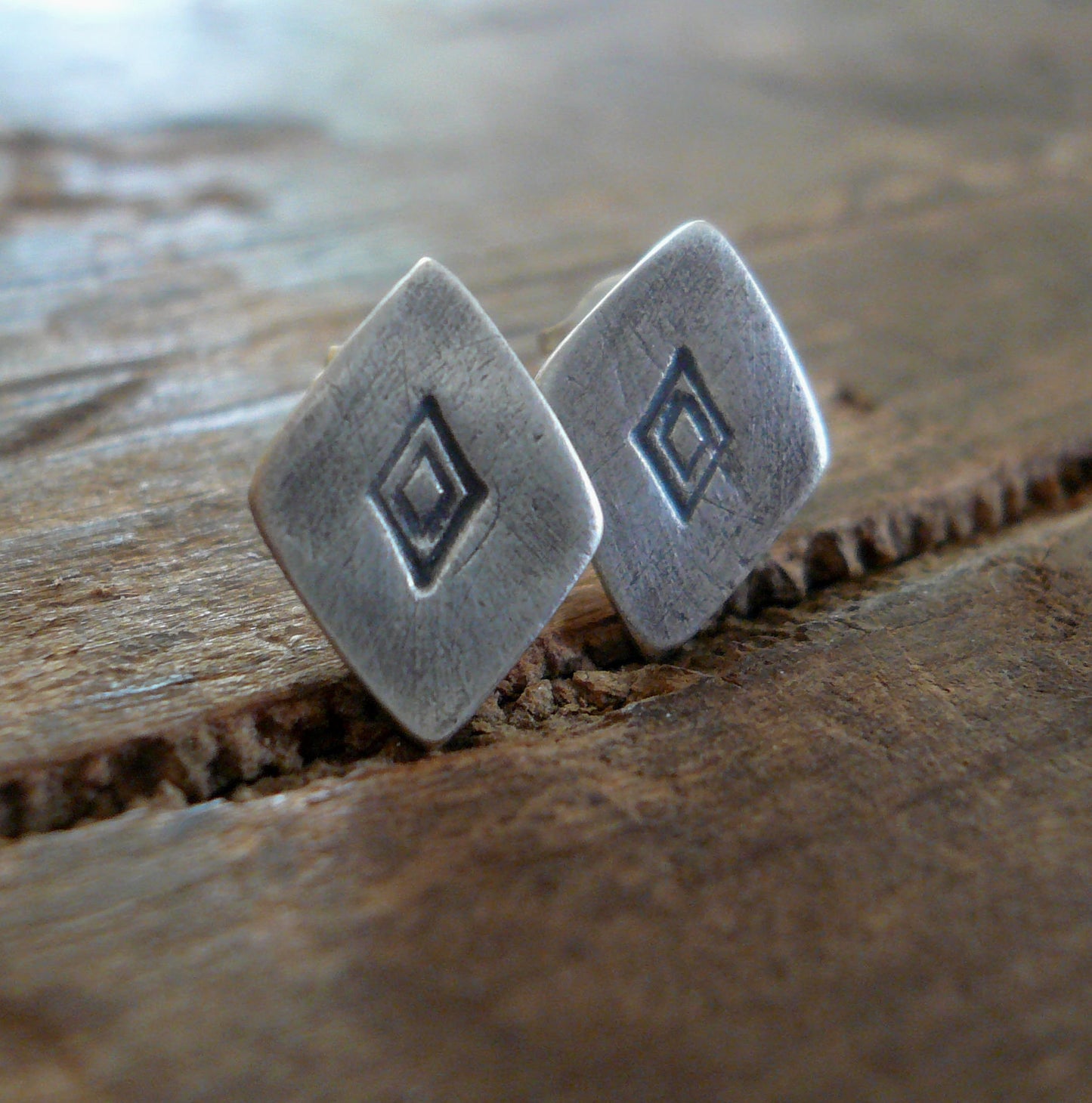 Diamond Stud Earrings- Oxidized Sterling and Fine Silver Post Earrings. Handmade.