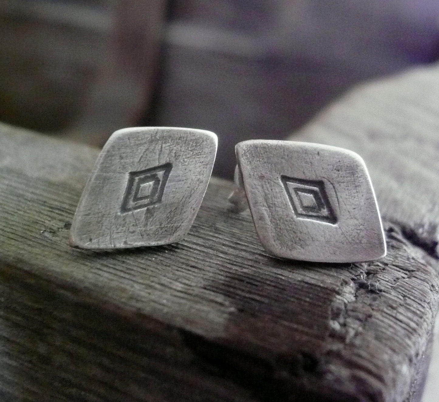 Diamond Stud Earrings- Oxidized Sterling and Fine Silver Post Earrings. Handmade.