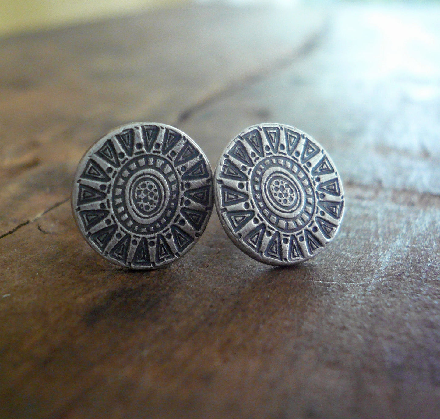 Medallion Style 1 Stud Earrings- Oxidized Sterling and Fine Silver Post Earrings. Handmade.