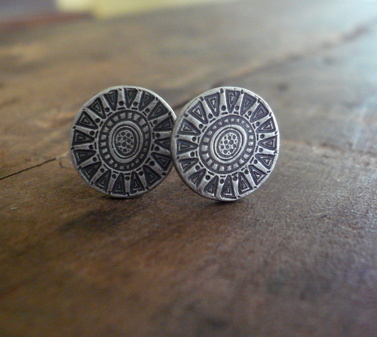 Medallion Style 1 Stud Earrings- Oxidized Sterling and Fine Silver Post Earrings. Handmade.