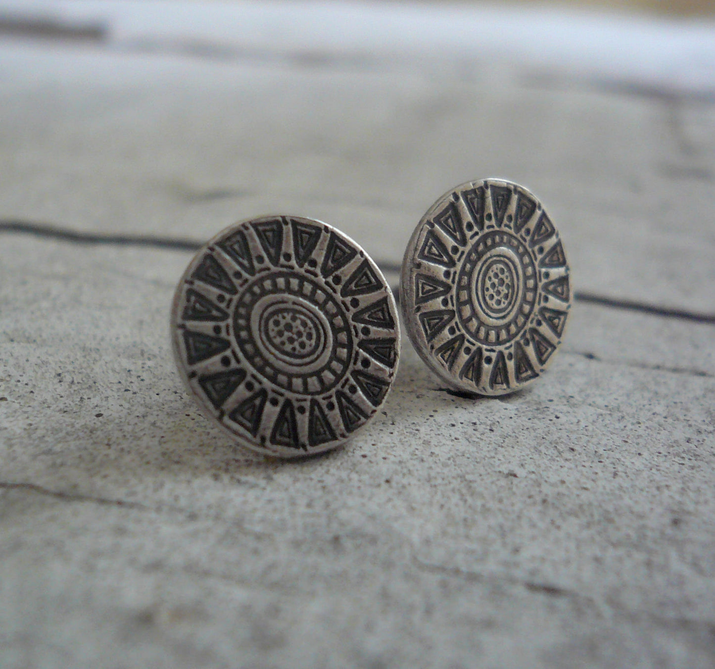 Medallion Style 1 Stud Earrings- Oxidized Sterling and Fine Silver Post Earrings. Handmade.