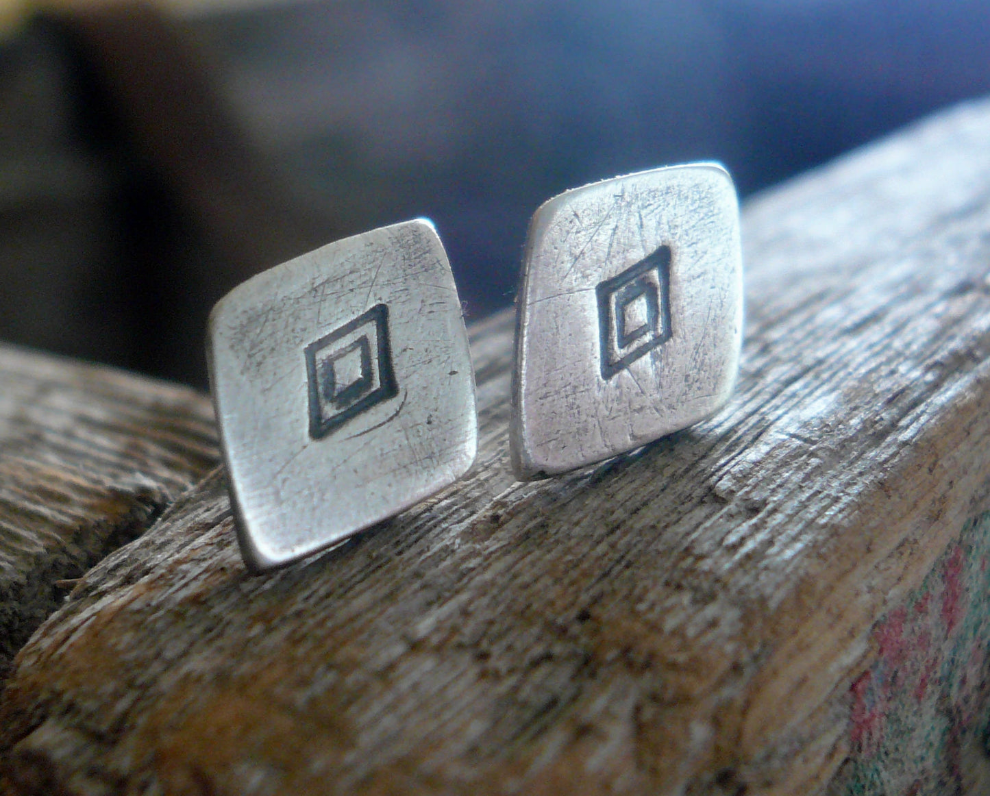 Diamond Stud Earrings- Oxidized Sterling and Fine Silver Post Earrings. Handmade.