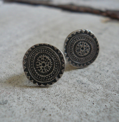 Medallion Style 2 Stud Earrings- Oxidized Sterling and Fine Silver Post Earrings. Handmade.