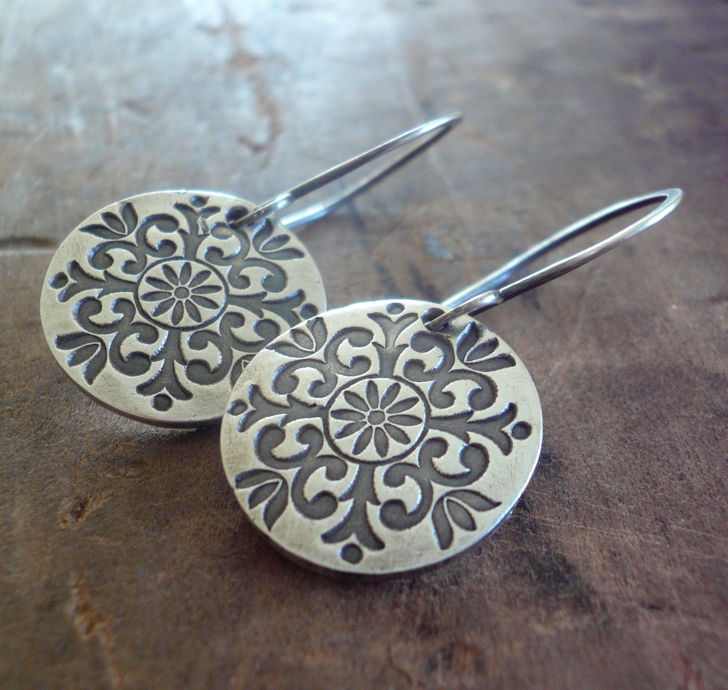 Medallion Earrings Large Style II - Handmade. Oxidized fine and sterling silver