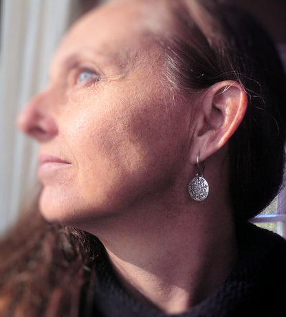 Medallion Earrings Large Style II - Handmade. Oxidized fine and sterling silver
