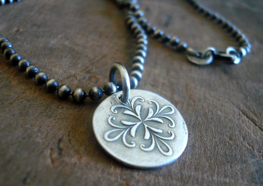 Medallion Medium Style I Necklace  - Oxidized fine and Sterling Silver. Handmade