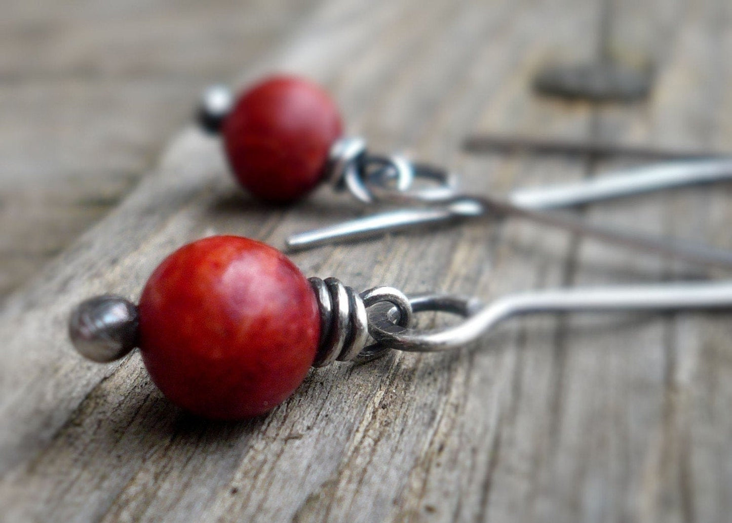Minimalist in Cherry - Handmade Earrings. Red Coral, Oxidized Sterling Silver Dangle Earrings