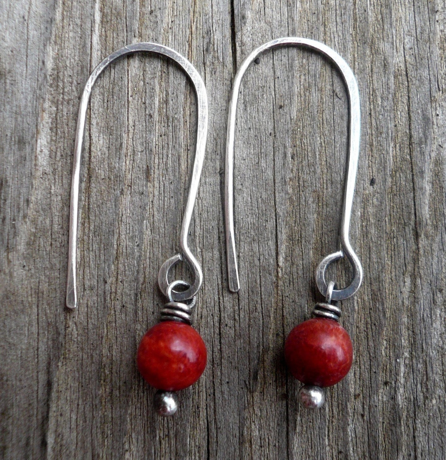 Minimalist in Cherry - Handmade Earrings. Red Coral, Oxidized Sterling Silver Dangle Earrings