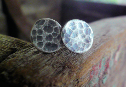 Tidepool Ripple Stud Earrings- Oxidized Sterling and Fine Silver Post Earrings. Hammered. Handmade.