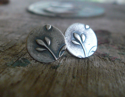 Botanical Stud Earrings- Bud - Oxidized Sterling and Fine Silver Post Earrings. Handmade.