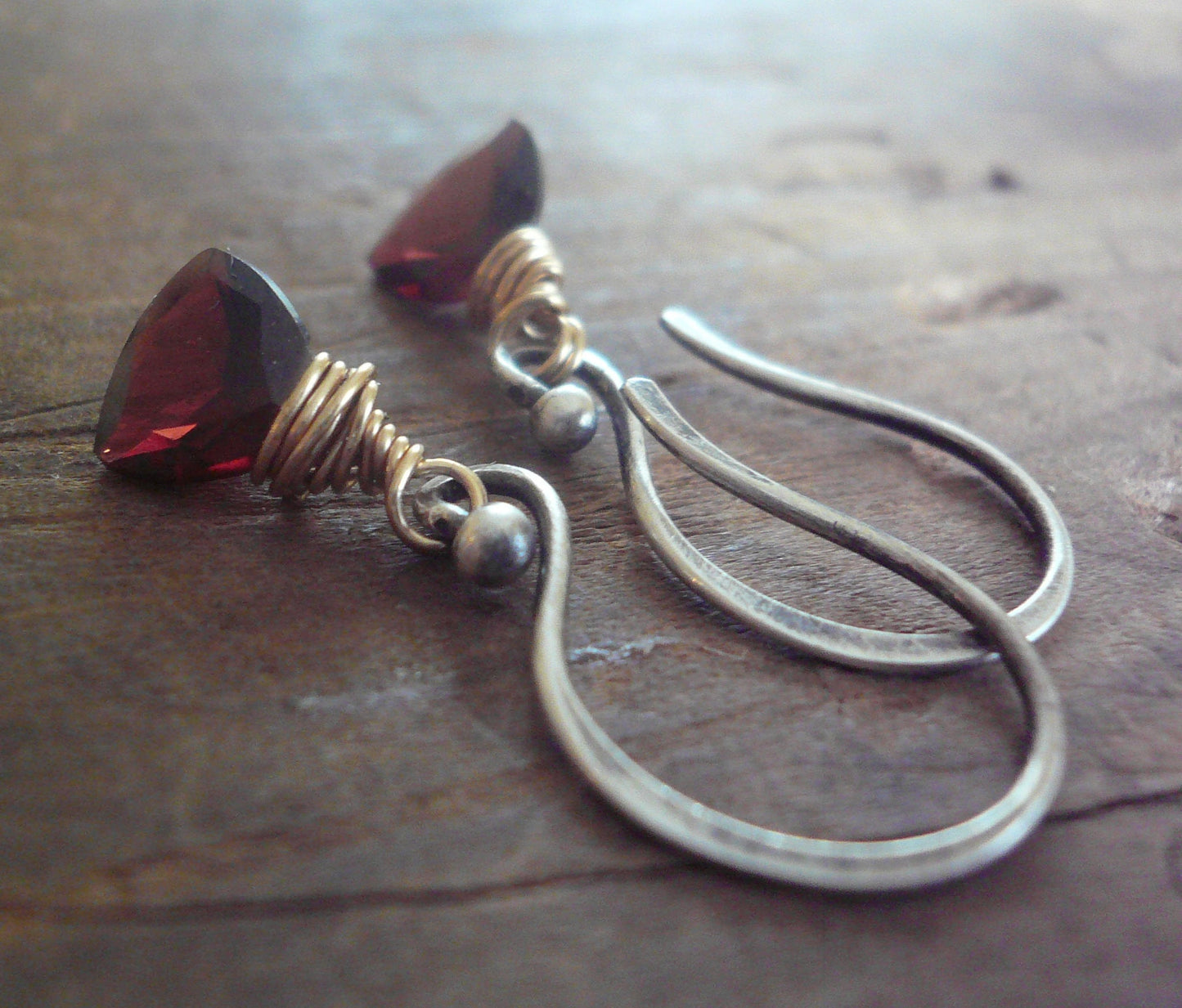 BACK IN STOCK January Earrings - Handmade. Garnet. Mixed Metals. Oxidized Fine silver & 14 kt Goldfill dangle birthstone Earrings