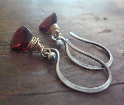 January Earrings - Handmade. Garnet. Mixed Metals. Oxidized Fine silver & 14 kt Goldfill dangle Earrings. One Pair.