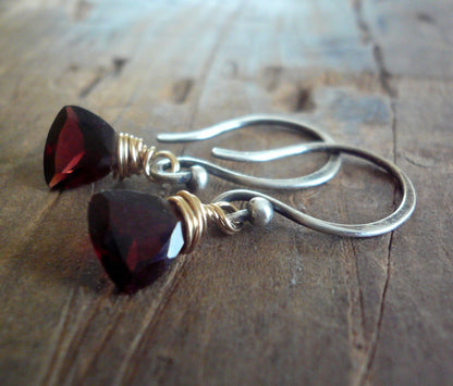 January Earrings - Handmade. Garnet. Mixed Metals. Oxidized Fine silver & 14 kt Goldfill dangle Earrings. One Pair.