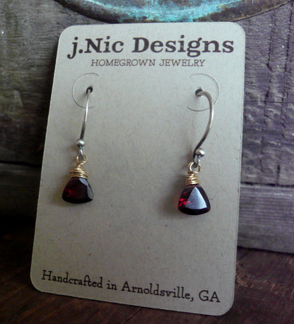 January Earrings - Handmade. Garnet. Mixed Metals. Oxidized Fine silver & 14 kt Goldfill dangle Earrings. One Pair.