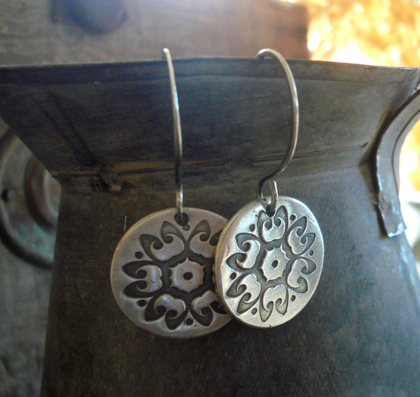Medallion Earrings Large Style I - Handmade. Oxidized fine and sterling silver