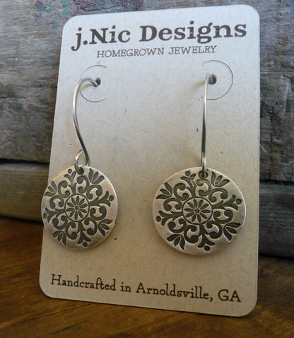 Medallion Earrings Large Style II - Handmade. Oxidized fine and sterling silver