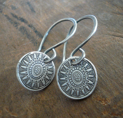Medallion Earrings Small Style I - Handmade. Oxidized fine and sterling silver