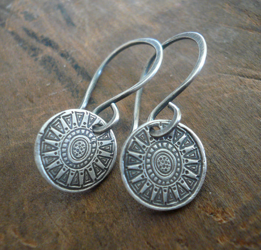 Medallion Earrings Small Style I - Handmade. Oxidized fine and sterling silver