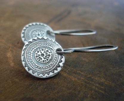Medallion Earrings Small Style II - Handmade. Oxidized fine and sterling silver