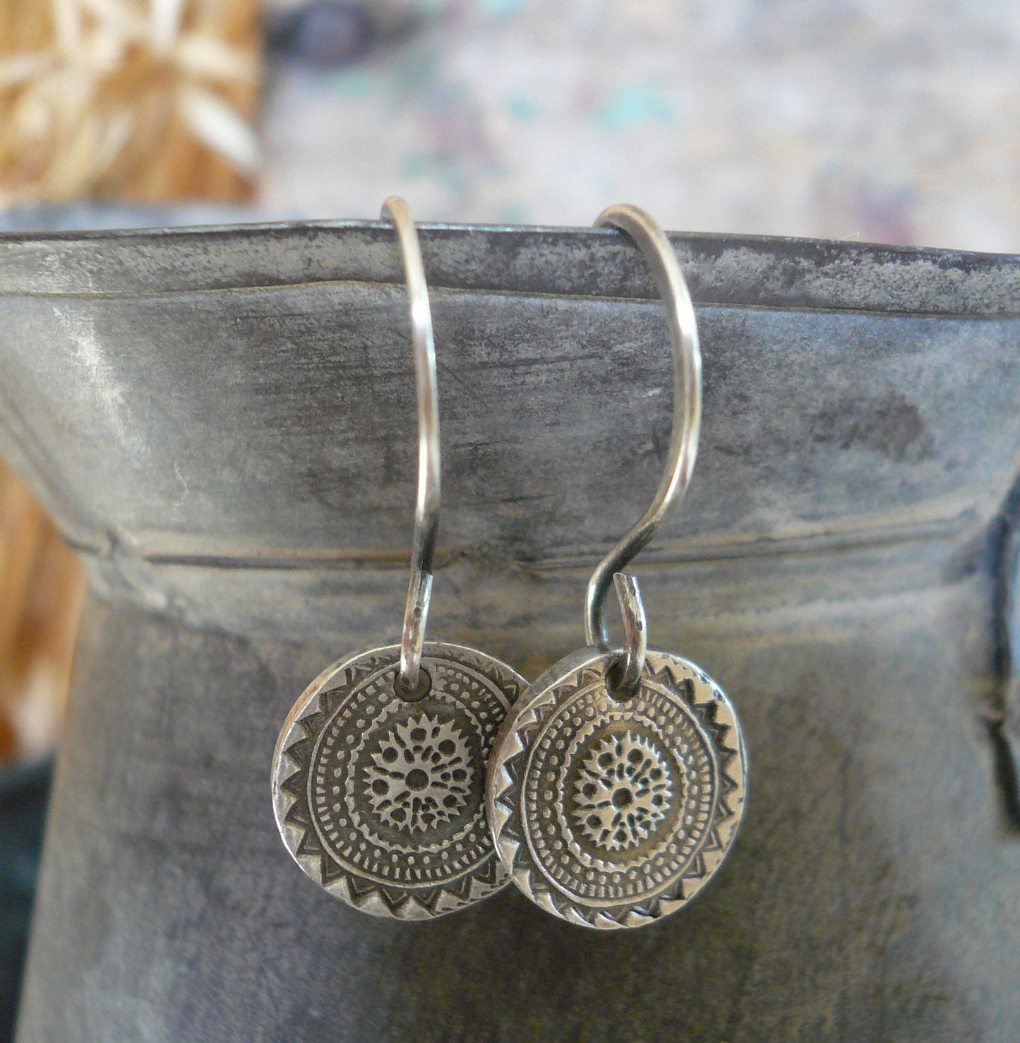 Medallion Earrings Small Style II - Handmade. Oxidized fine and sterling silver