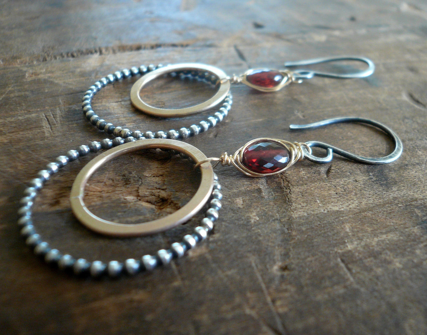 Rouge Collection Wrap Earrings - Handmade. Garnet. Mixed Metals. Oxidized Sterling silver & 14 kt Goldfill dangle birthstone Earrings