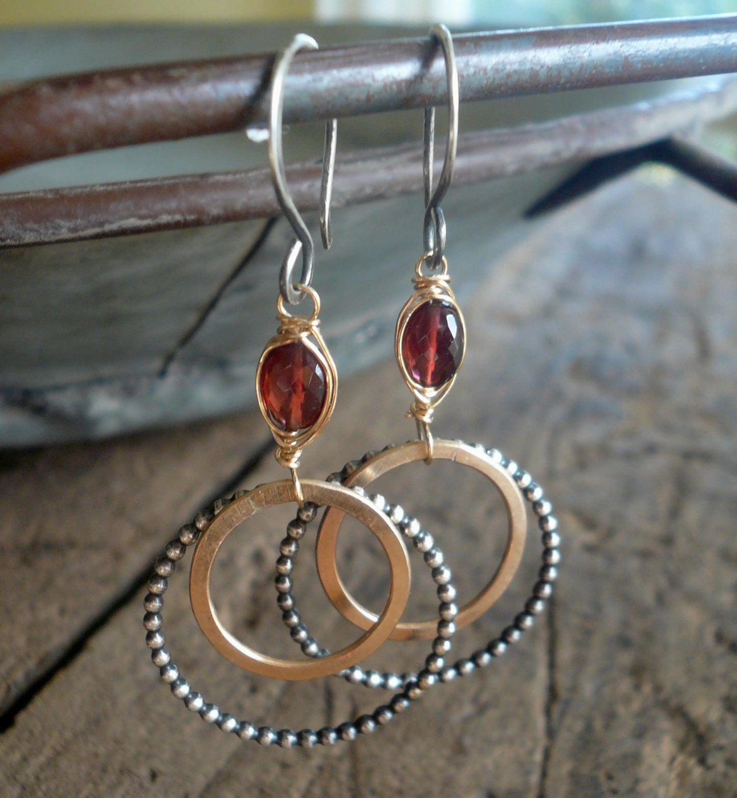 Rouge Collection Wrap Earrings - Handmade. Garnet. Mixed Metals. Oxidized Sterling silver & 14 kt Goldfill dangle birthstone Earrings