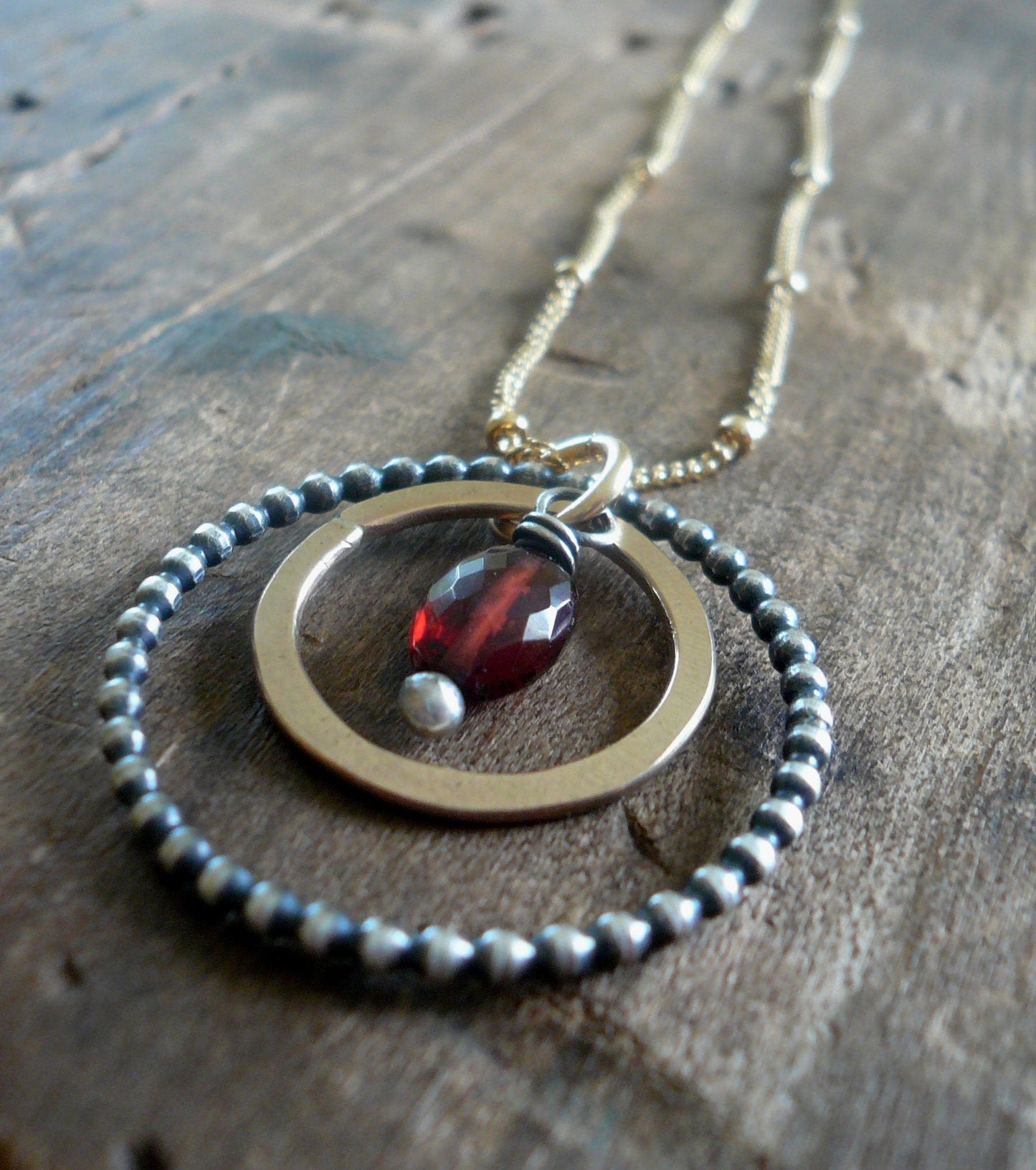 Rouge Collection Necklace - Garnet. Oxidized sterling silver and 14kt Goldfill. Handmade