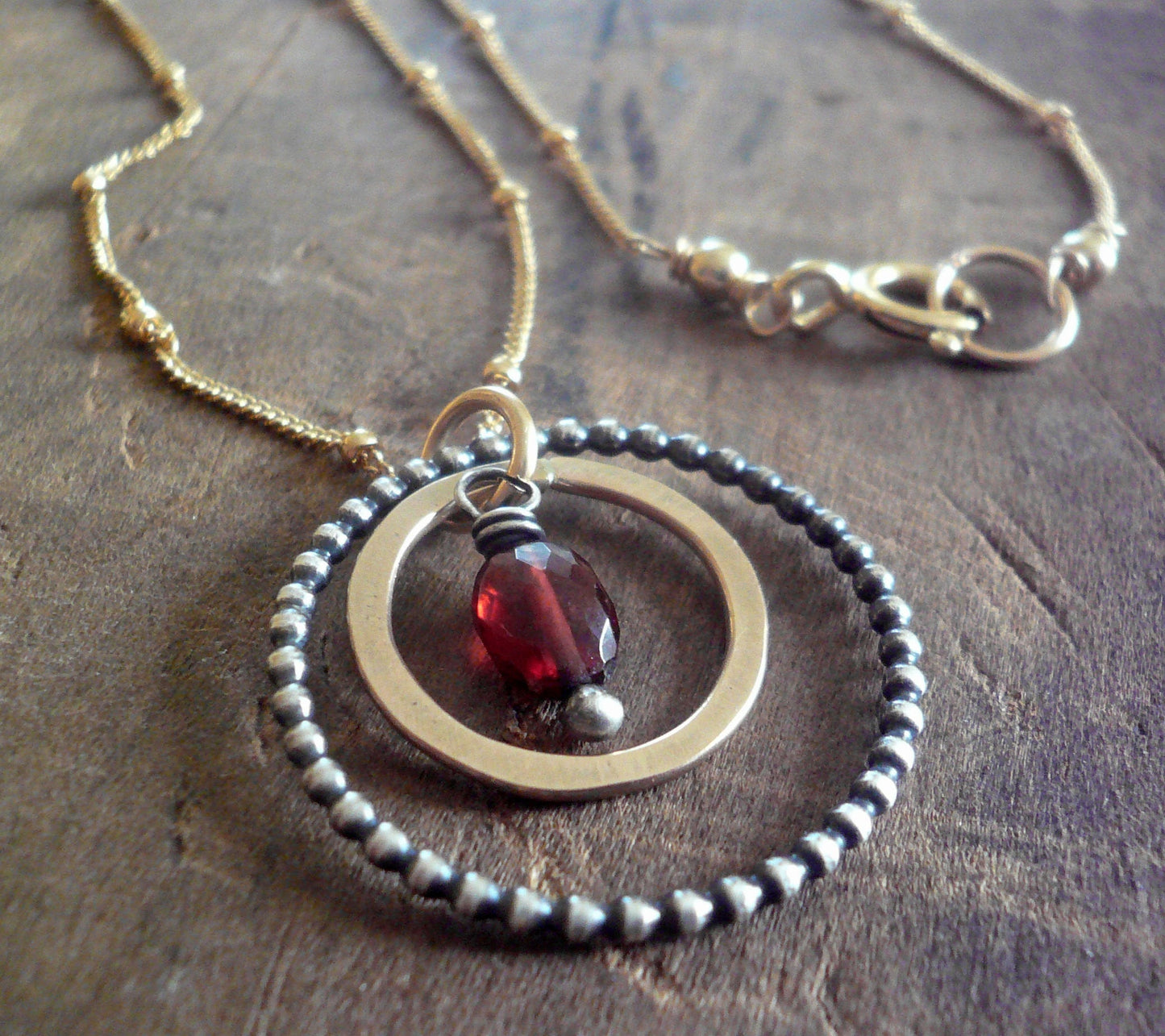 Rouge Collection Necklace - Garnet. Oxidized sterling silver and 14kt Goldfill. Handmade
