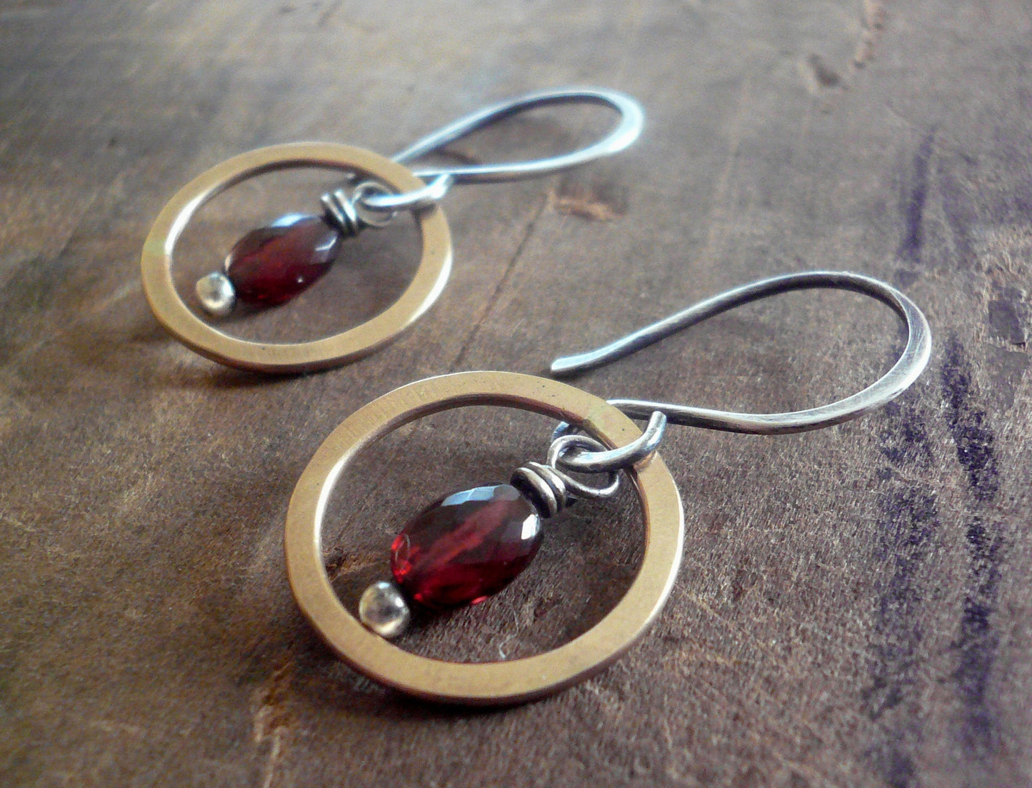 Rouge Collection Dangle Earrings - Handmade. Garnet. Mixed Metals. Oxidized Sterling silver & 14 kt Goldfill birthstone Earri