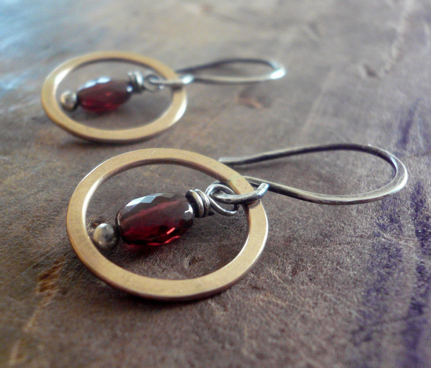 Rouge Collection Dangle Earrings - Handmade. Garnet. Mixed Metals. Oxidized Sterling silver & 14 kt Goldfill birthstone Earri