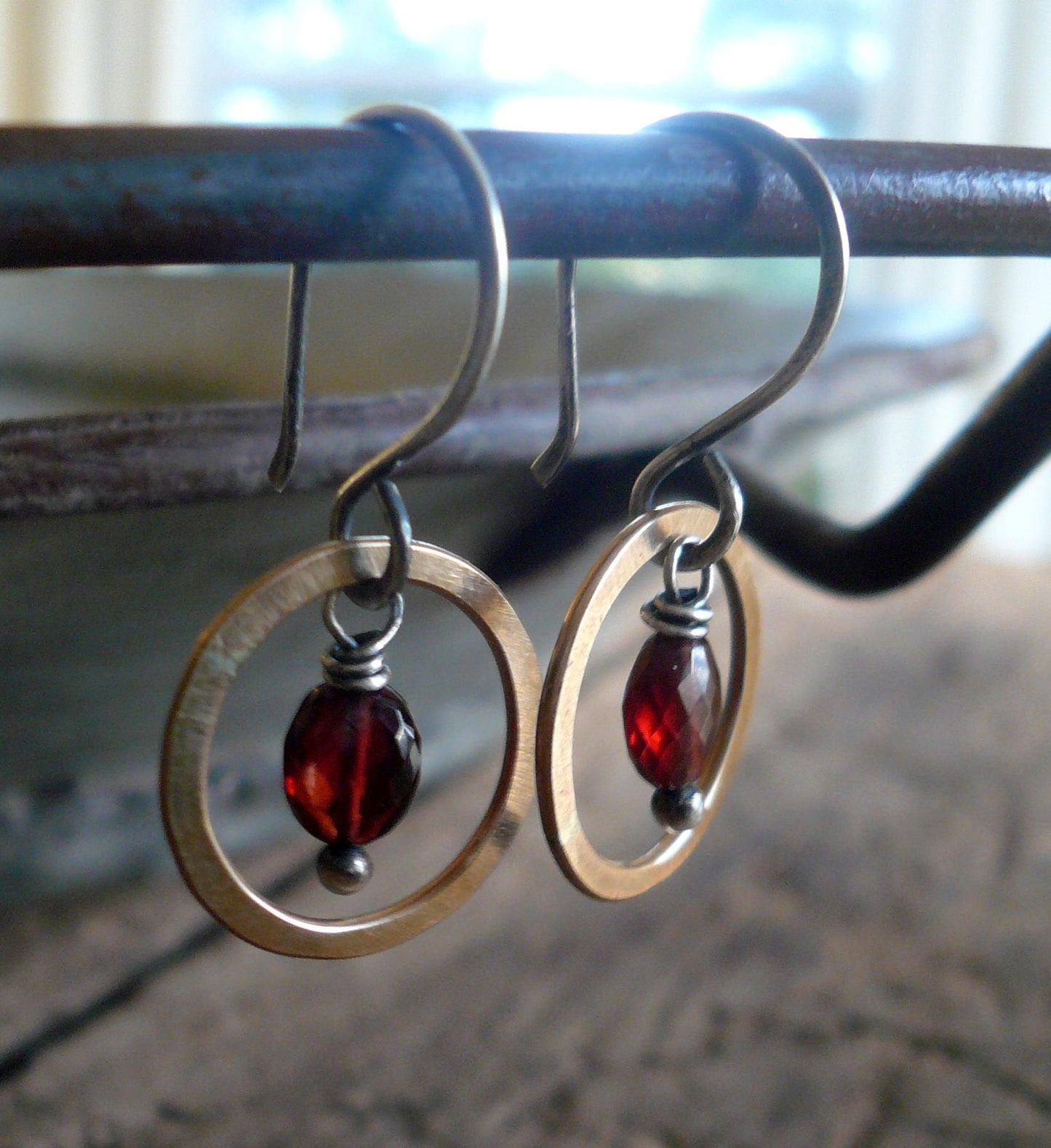 Rouge Collection Dangle Earrings - Handmade. Garnet. Mixed Metals. Oxidized Sterling silver & 14 kt Goldfill birthstone Earri