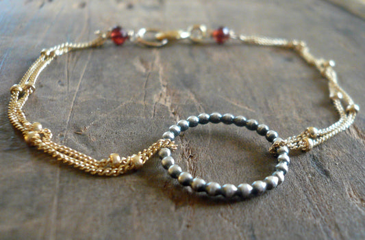 Rouge Collection Bracelet- Oxidized sterling silver. 14kt Goldfill. Mixed Metals. Garnet. Handmade