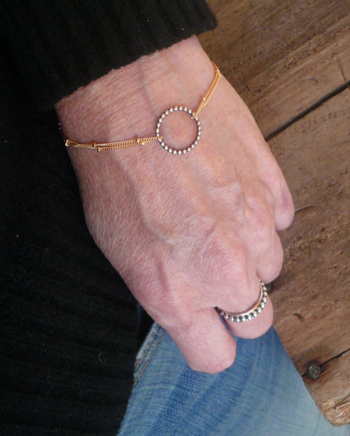 Rouge Collection Bracelet- Oxidized sterling silver. 14kt Goldfill. Mixed Metals. Garnet. Handmade