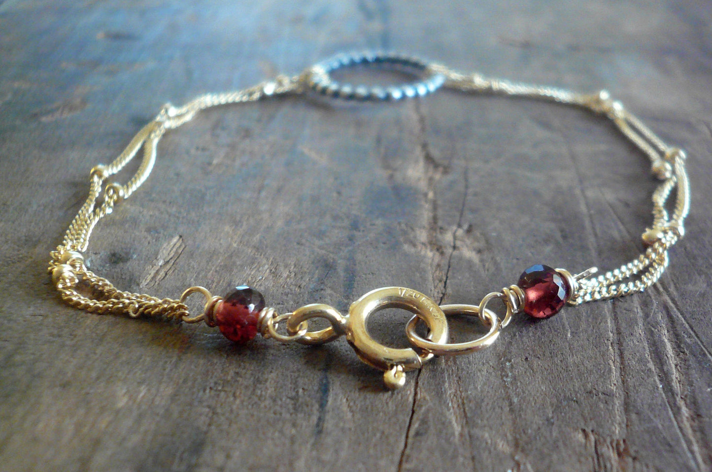 Rouge Collection Bracelet- Oxidized sterling silver. 14kt Goldfill. Mixed Metals. Garnet. Handmade