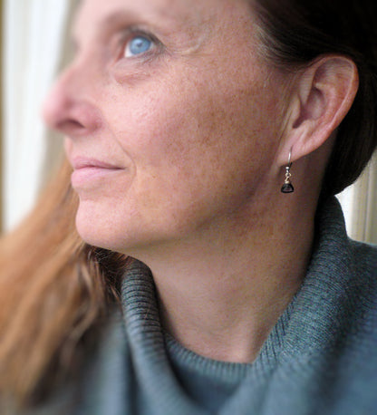 January Earrings - Handmade. Garnet. Mixed Metals. Oxidized Fine silver & 14 kt Goldfill dangle Earrings. One Pair.