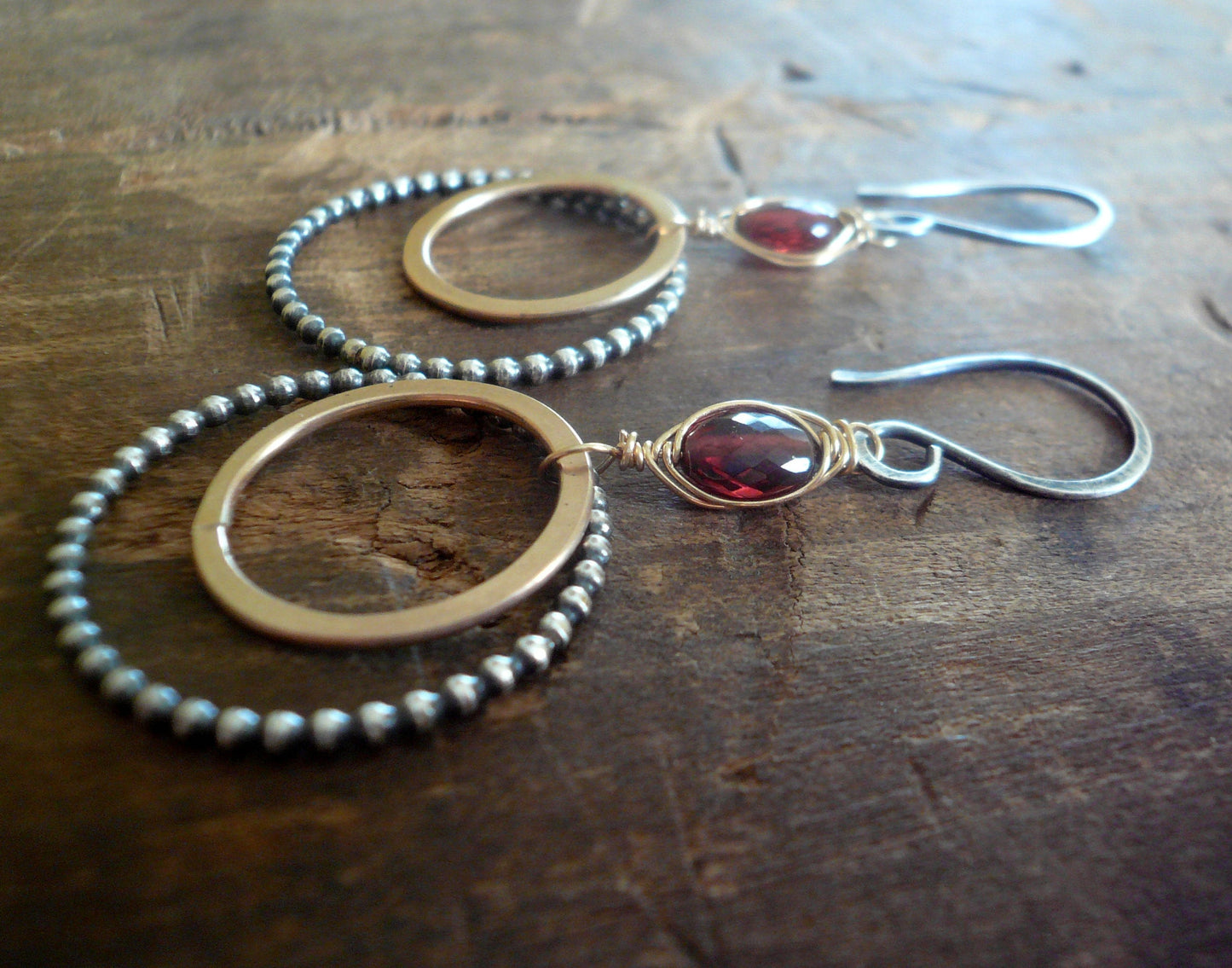 Rouge Collection Wrap Earrings - Handmade. Garnet. Mixed Metals. Oxidized Sterling silver & 14 kt Goldfill dangle birthstone Earrings