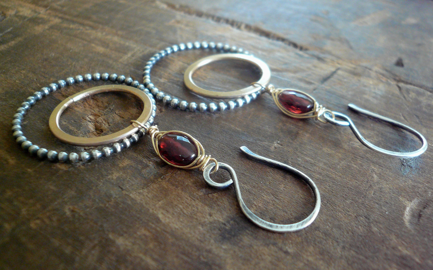 Rouge Collection Wrap Earrings - Handmade. Garnet. Mixed Metals. Oxidized Sterling silver & 14 kt Goldfill dangle birthstone Earrings