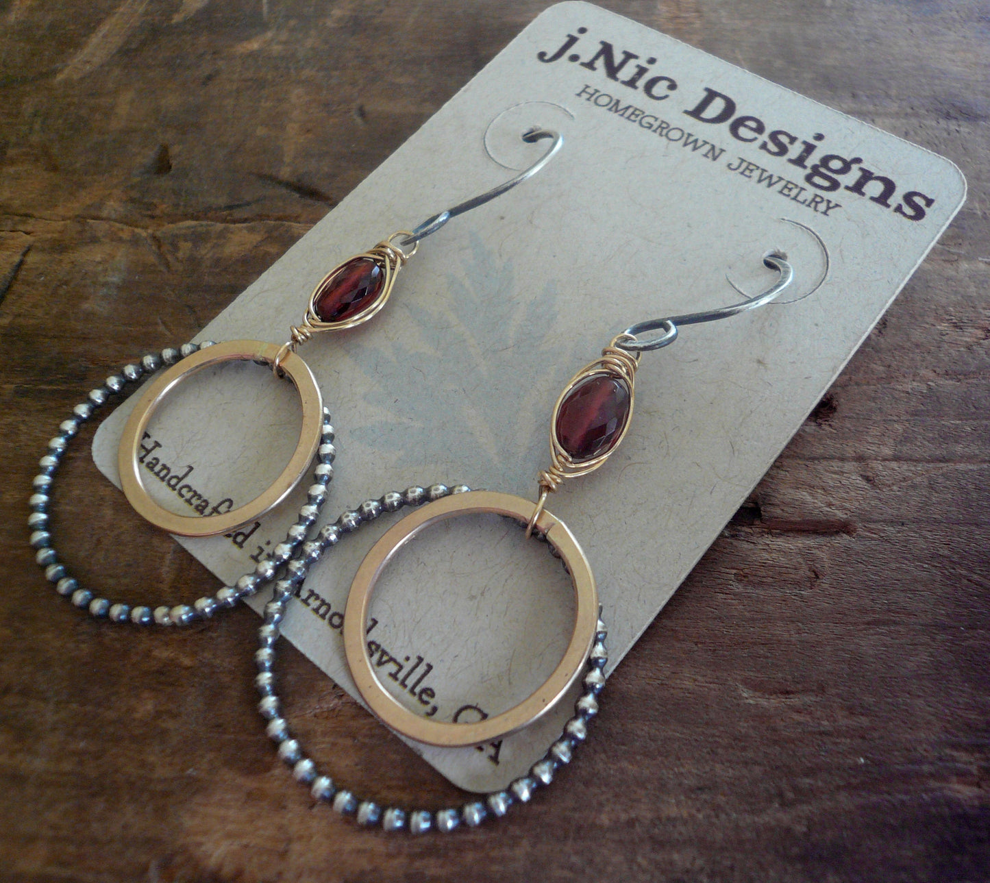 Rouge Collection Wrap Earrings - Handmade. Garnet. Mixed Metals. Oxidized Sterling silver & 14 kt Goldfill dangle birthstone Earrings