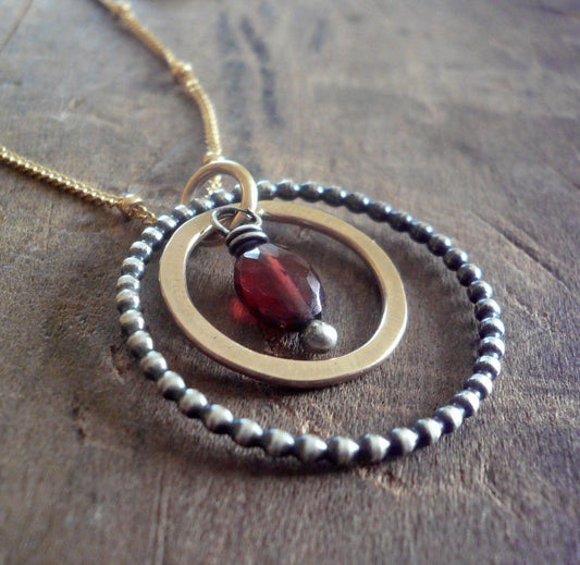 Rouge Collection Necklace - Garnet. Oxidized sterling silver and 14kt Goldfill. Handmade