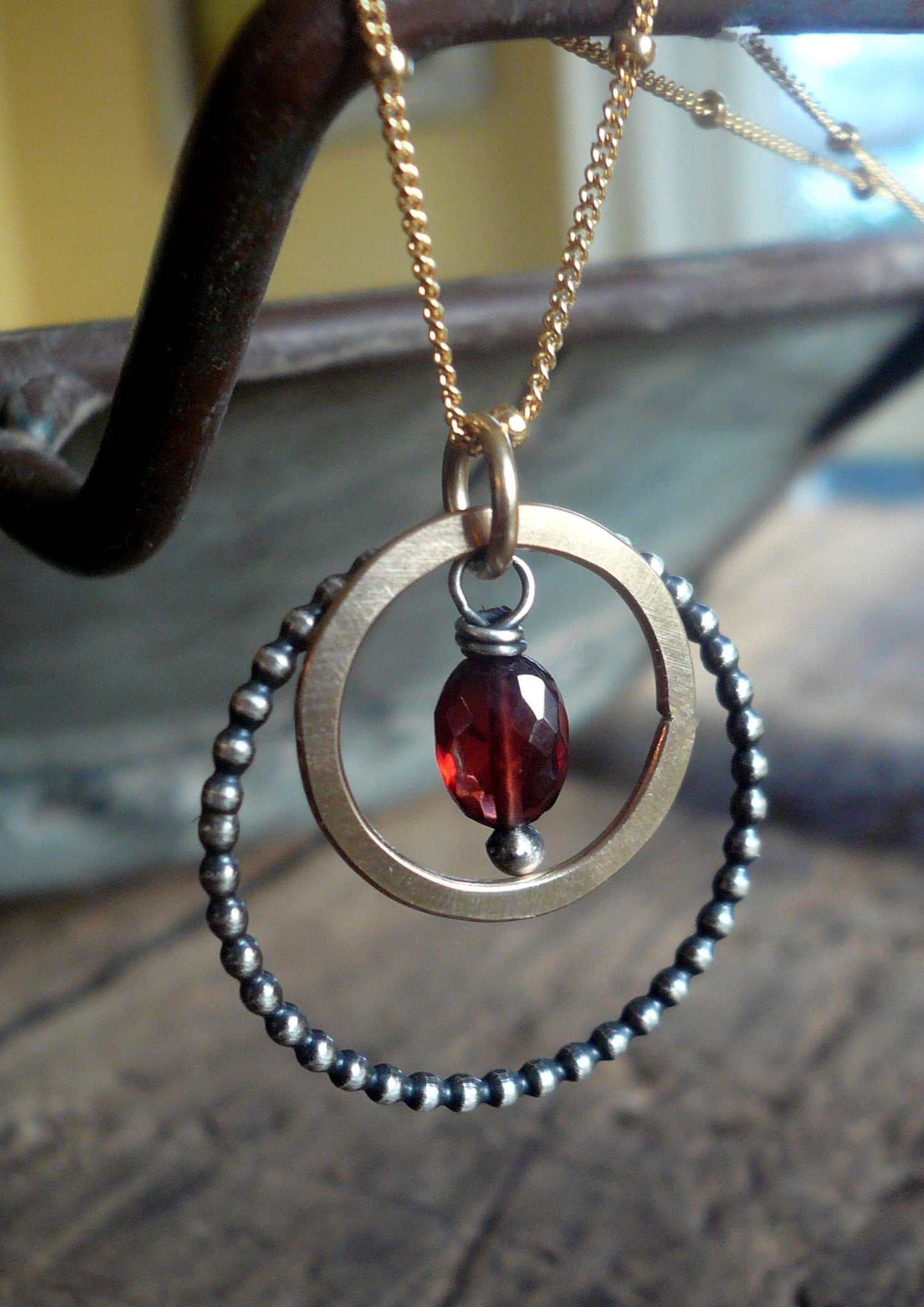 Rouge Collection Necklace - Garnet. Oxidized sterling silver and 14kt Goldfill. Handmade