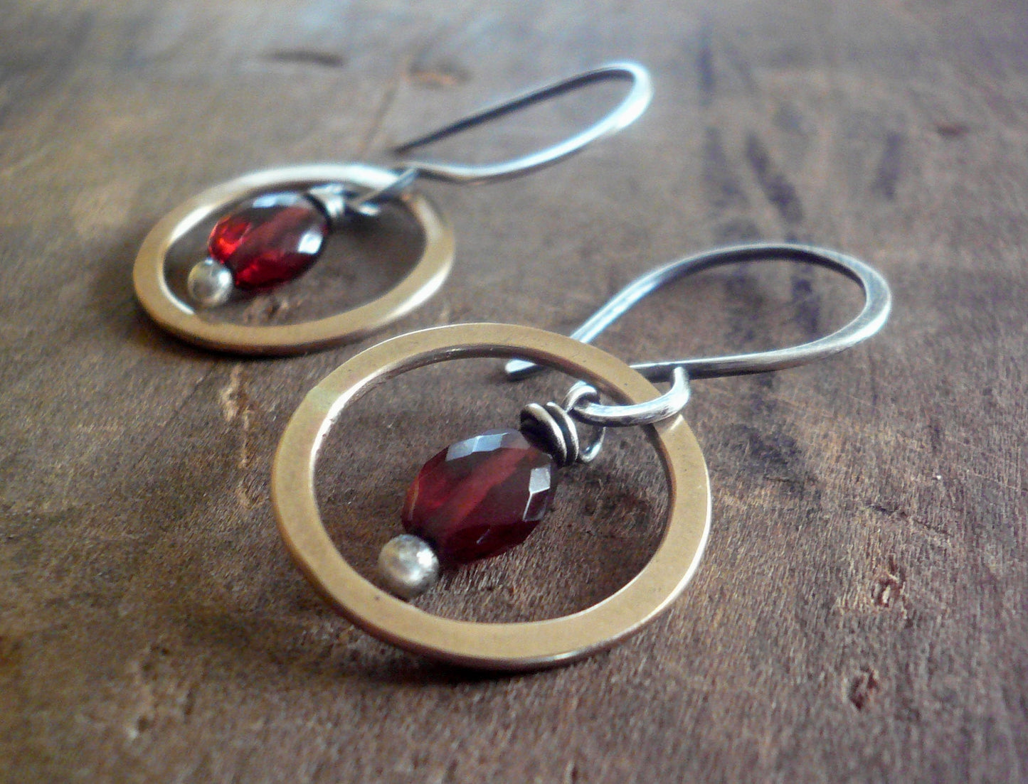 Rouge Collection Dangle Earrings - Handmade. Garnet. Mixed Metals. Oxidized Sterling silver & 14 kt Goldfill birthstone Earri